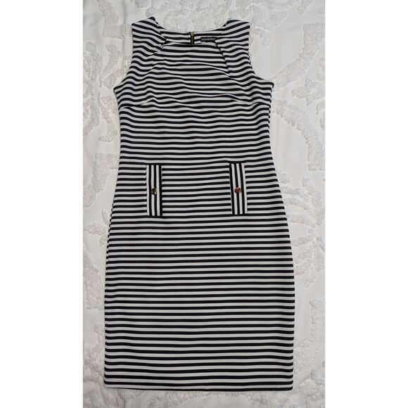 🖤 Nina Leonard Black & White Striped Shift Dress – Size S - Picture 1 of 5